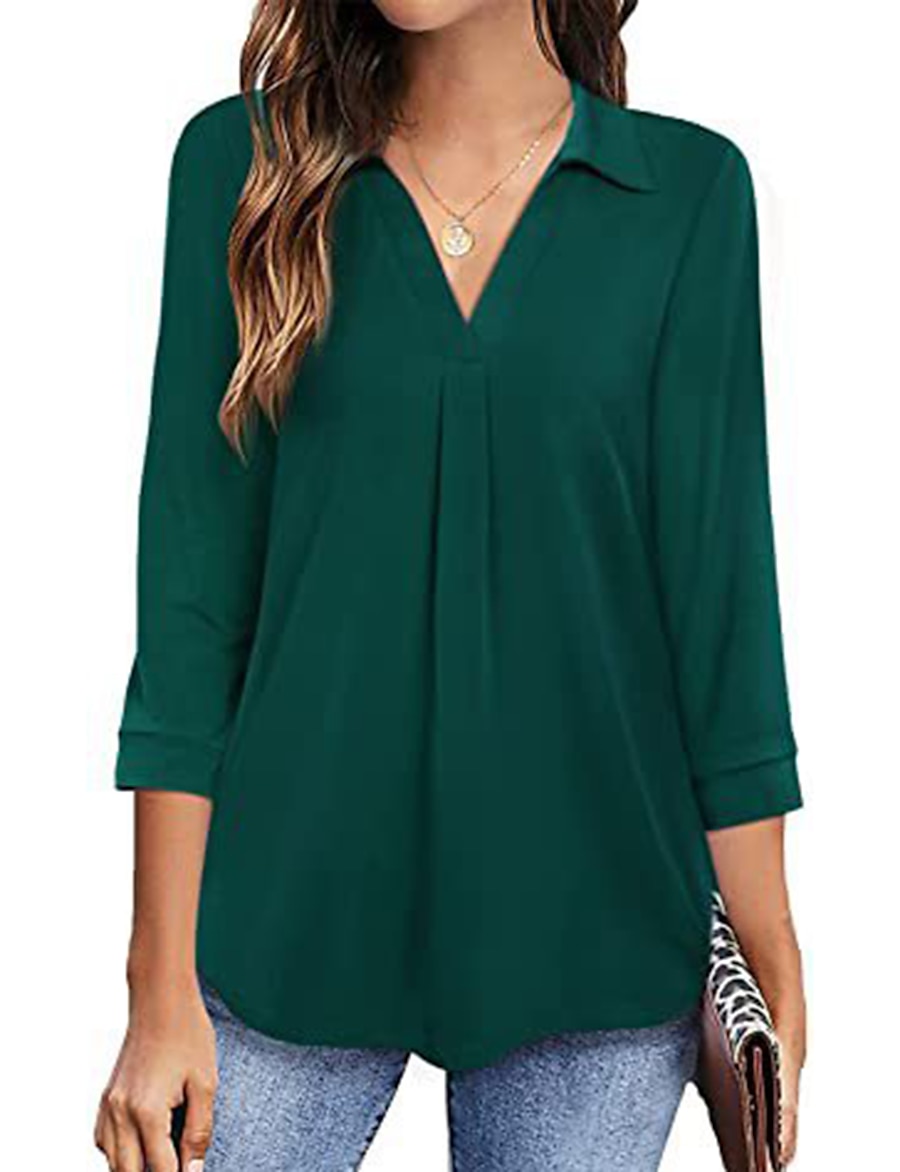  Women's Blouse Shirt Plain V Neck Casual Streetwear Tops Green Black Wine
