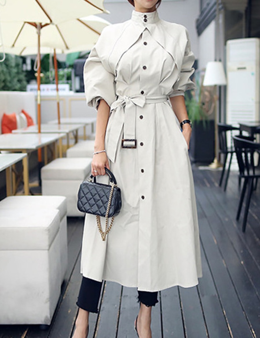  Women's Trench Coat Spring Summer Street Daily Going out Long Coat Stand Collar Breathable Regular Fit Elegant Streetwear Jacket Long Sleeve Pocket Solid Color Navy Blue Beige