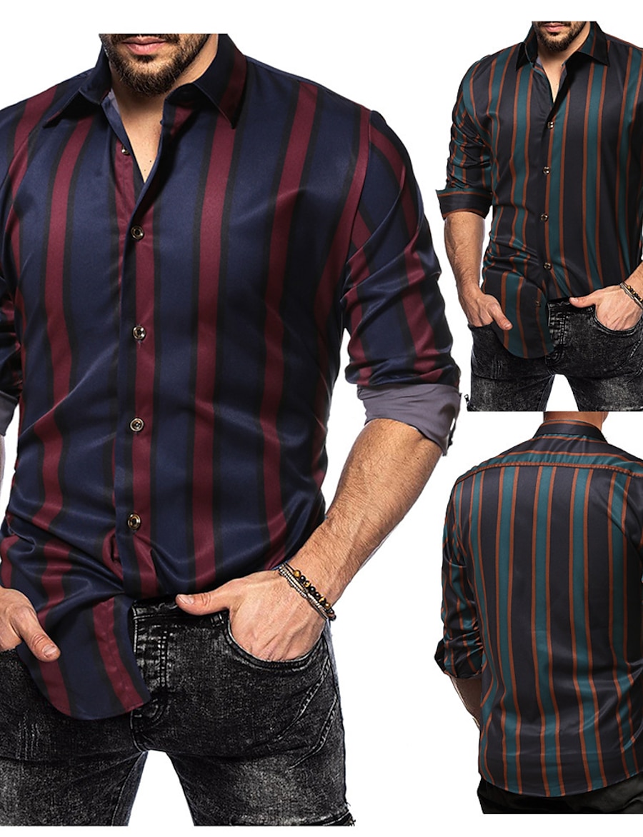  ouma   trade new style men‘s striped long-sleeved shirt  slim casual plus size shirt cross-border