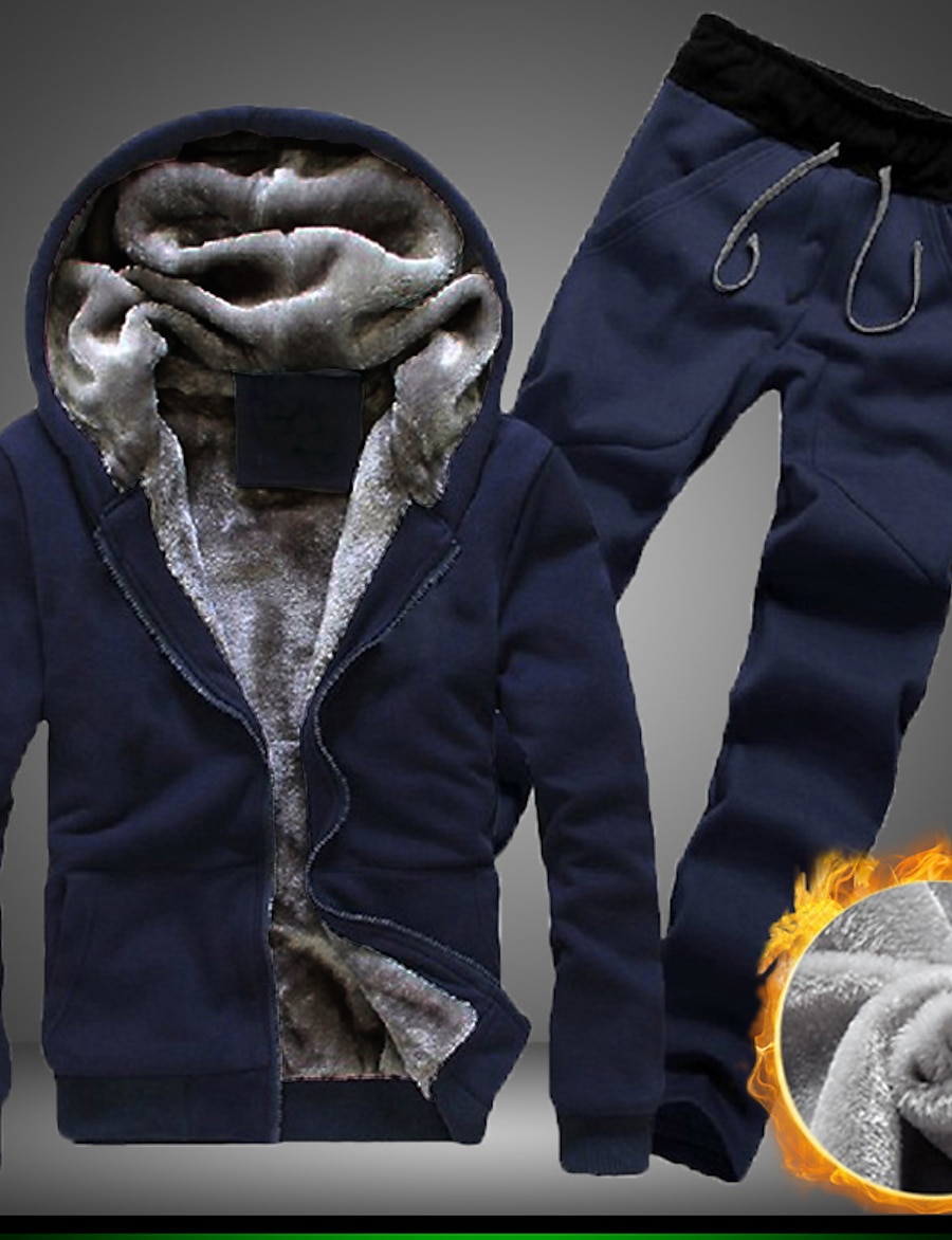  Men's Winter Warm Hoodies Fleece Sweatpants Two Peiece Sets Sweatshirts Coats Solid Color
