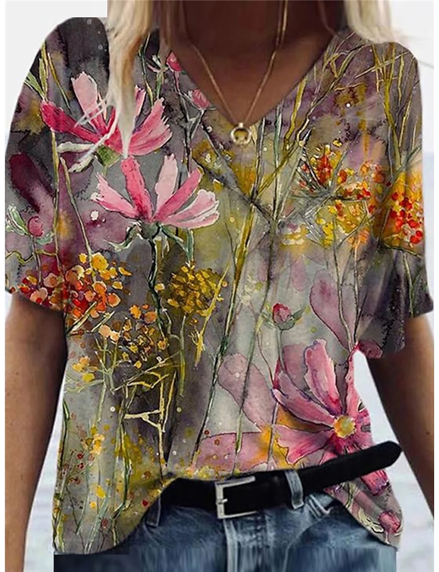  Women's T shirt Floral Theme Floral Plants V Neck Basic Tops Rainbow / 3D Print