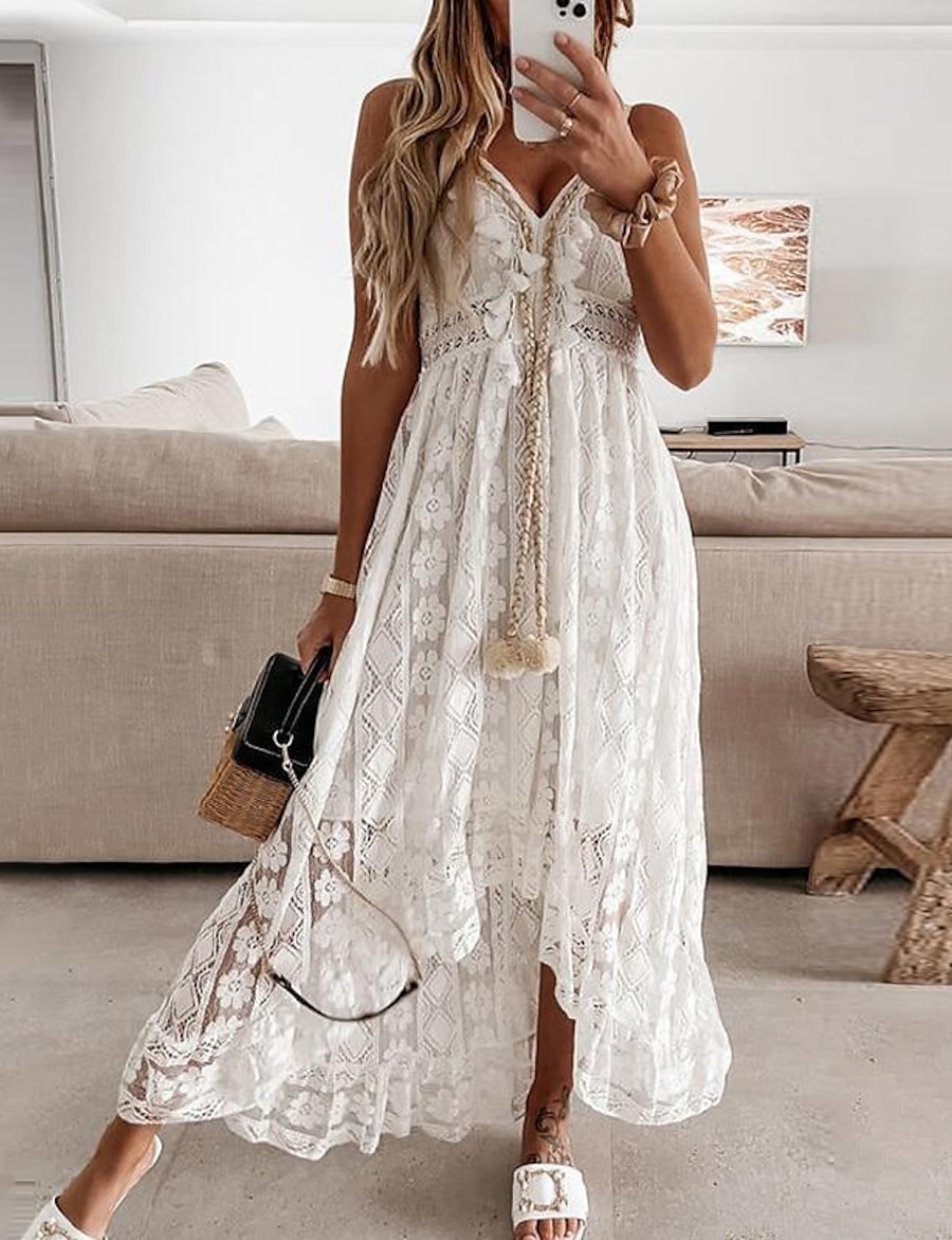  Women's Maxi long Dress Swing Dress White Beige Sleeveless Embroidered Lace Print V Neck Spring Summer Casual Boho 2022 S M L XL XXL