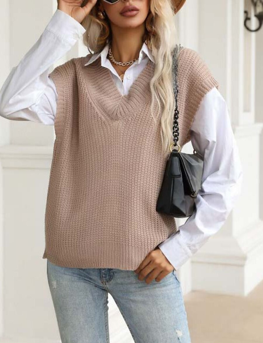  Women's Vest Solid Color Knitted Casual Sleeveless Sweater Cardigans Fall Winter V Neck Khaki