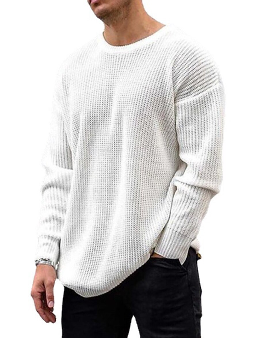  Men's Sweater Round Neck Standard Fall Winter Spring White Black