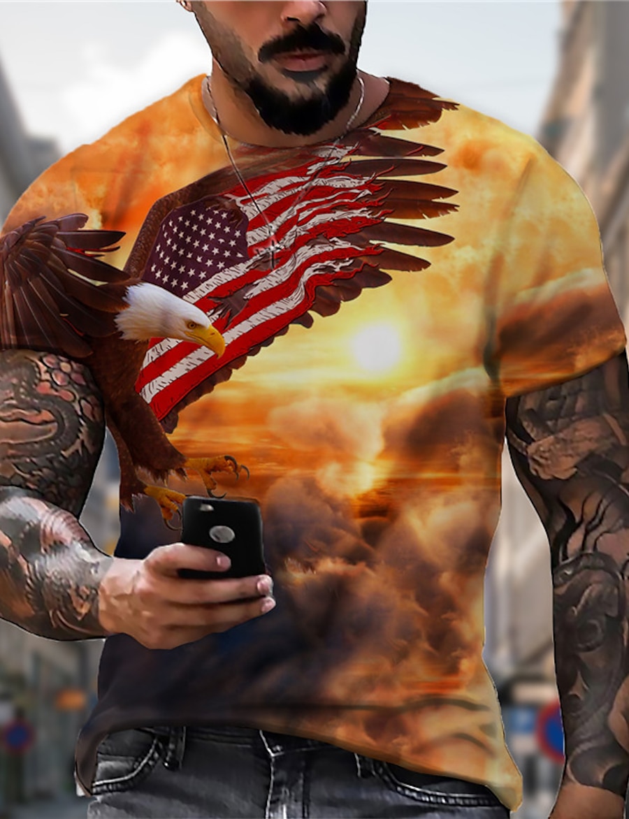  Men's Unisex T shirt Tee Graphic Prints Eagle 3D Print Crew Neck Daily Holiday Short Sleeve Print Tops Casual Designer Big and Tall Yellow / Summer