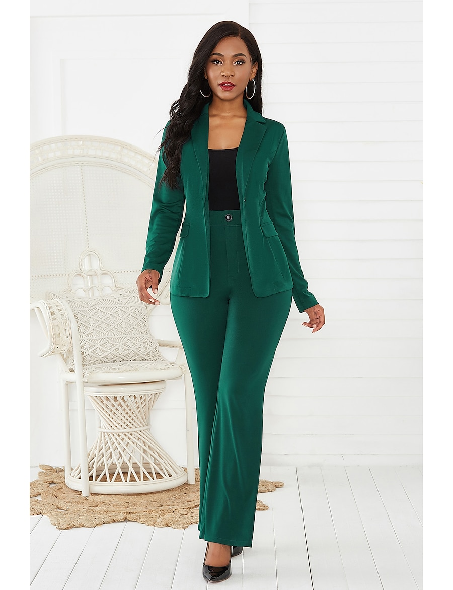  Women's Basic Solid Color Wear to work Office Two Piece Set Shirt Collar Wide leg pants Bell bottoms Blazer Office Suit Pants Sets Tops