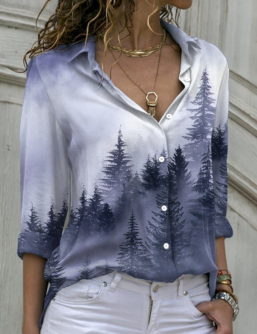  Women's Blouse Shirt Floral Theme 3D Printed Scenery 3D Shirt Collar Button Print Casual Streetwear Tops Green Blue Purple