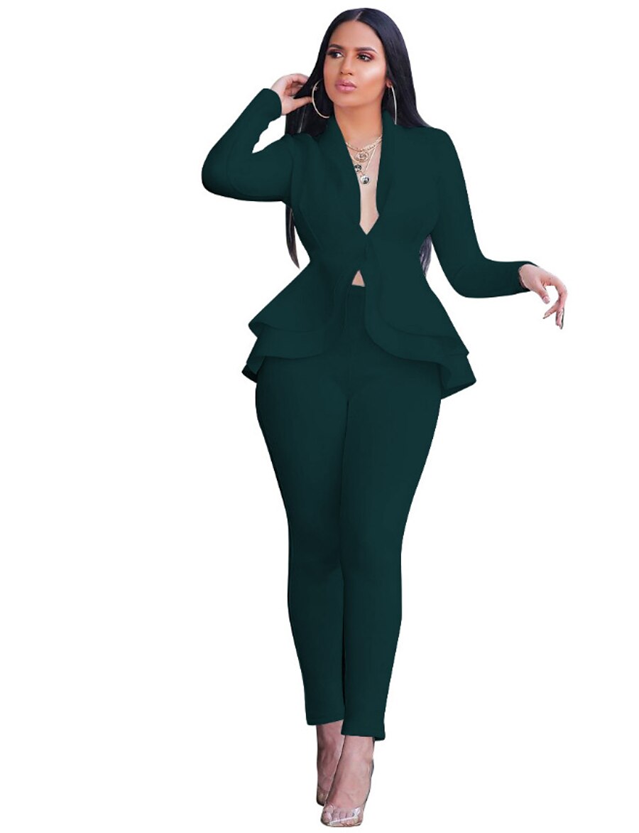 Women's Basic Solid Color Wear to work Office Two Piece Set Shirt Collar Pant Blazer Office Suit Pants Sets Ruffle Tops