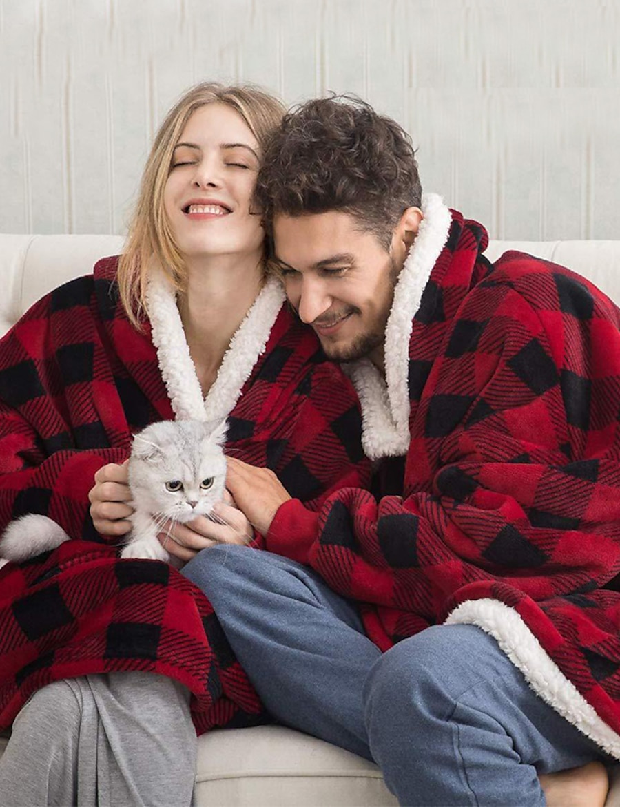  Women's Couple's 1 pc Pajamas Nightgown Hoddie Blanket Plush Simple Comfort Grid / Plaid Pure Color Fleece Home Party Bed Hoodie Warm Gift Long Sleeve Patchwork Fall Winter Pocket Black Gray
