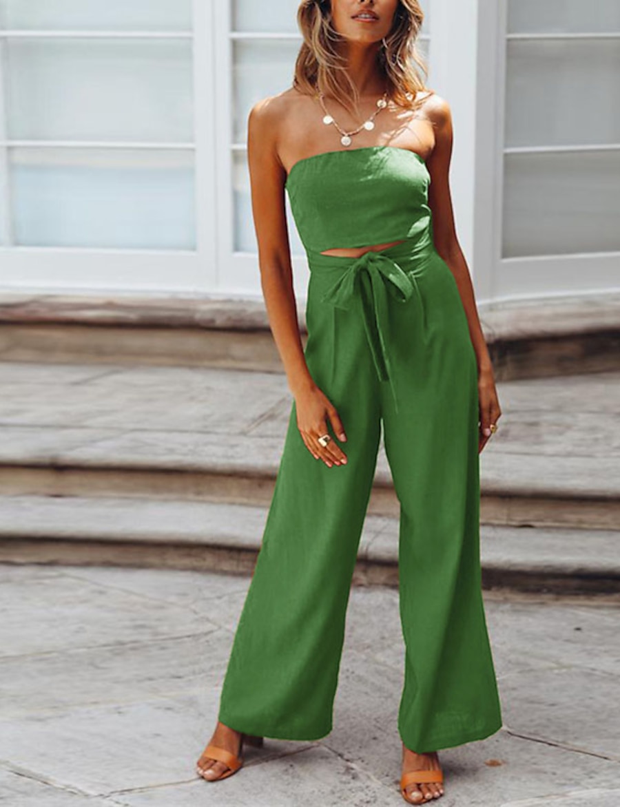  Women's Jumpsuit Solid Color Backless Cut Out Casual Strapless Wide Leg Daily Vacation Sleeveless Regular Fit Green Blue White S M L Spring