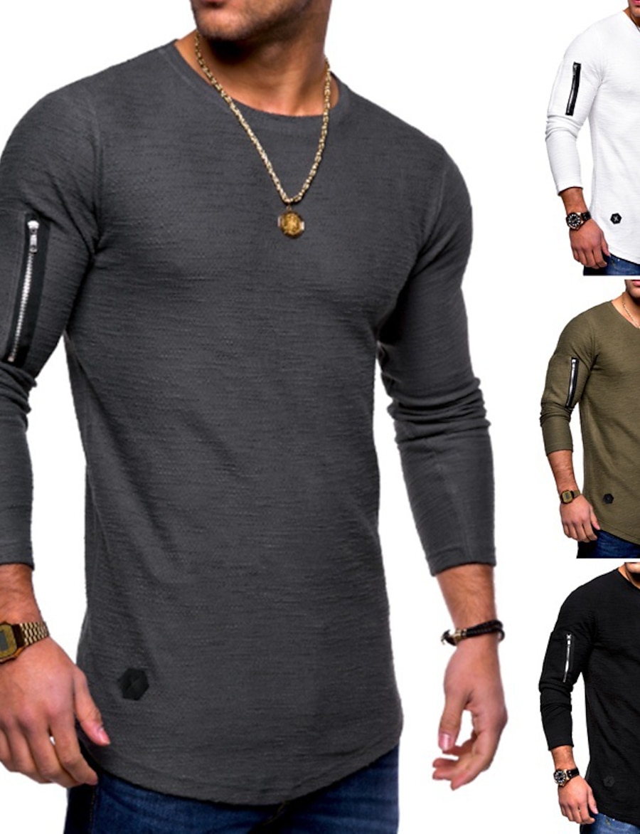  Men's T shirt Tee Solid Colored Crew Neck Plus Size Casual Daily Long Sleeve Zipper Regular Fit Tops Cotton Basic Muscle White Black Gray