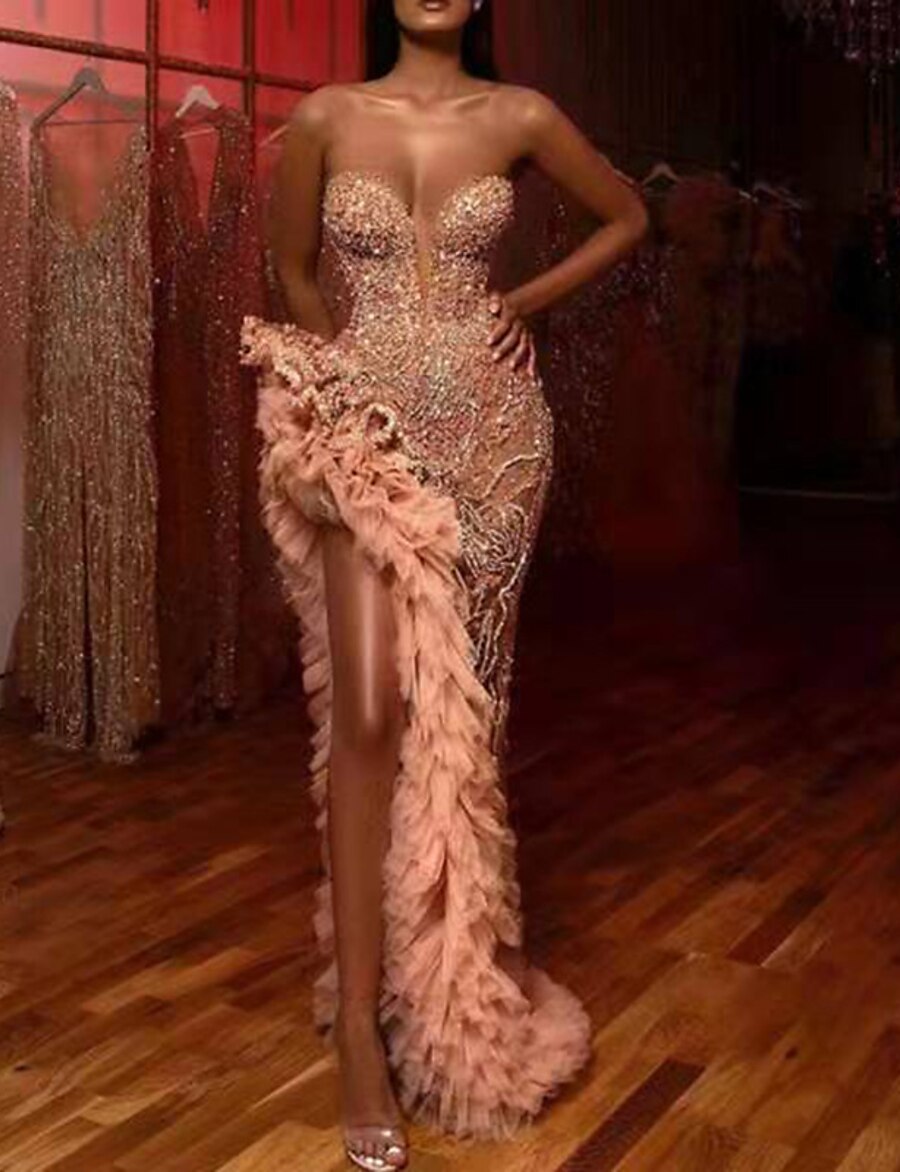  Women's Maxi long Dress Party Dress Pink Sleeveless Sequins Tassel Fringe Split Solid Color Deep V Strapless Spring Summer Party Party Stylish Hot 2022 Slim S M L XL