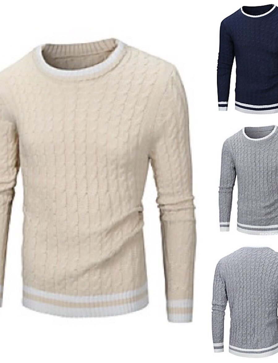  Men's Sweater Sweater Cardigan Stripe Round Neck Medium Fall & Winter Navy Black khaki Light Grey