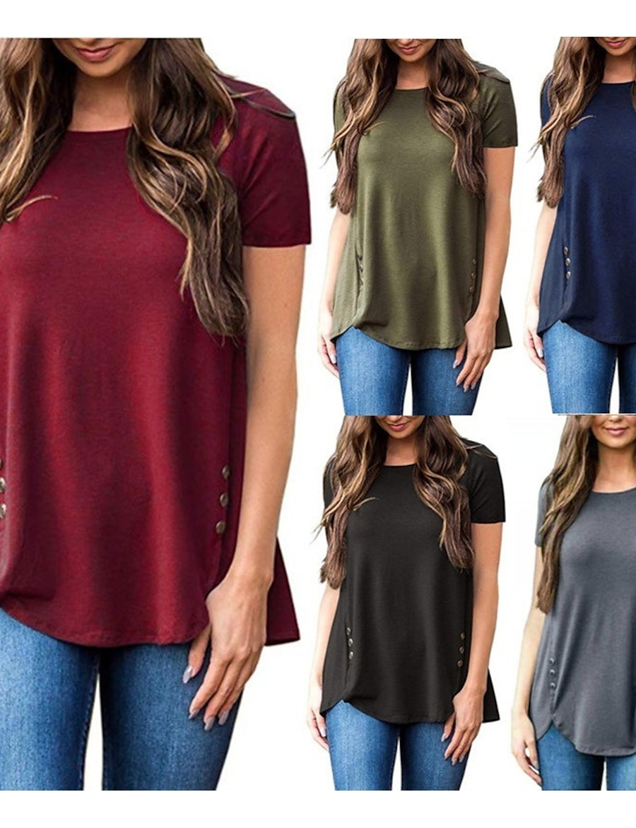  Women's Casual Daily T shirt Tee Short Sleeve Plain Round Neck Basic Tops Navy ArmyGreen Black S / Wash separately / Micro-elastic