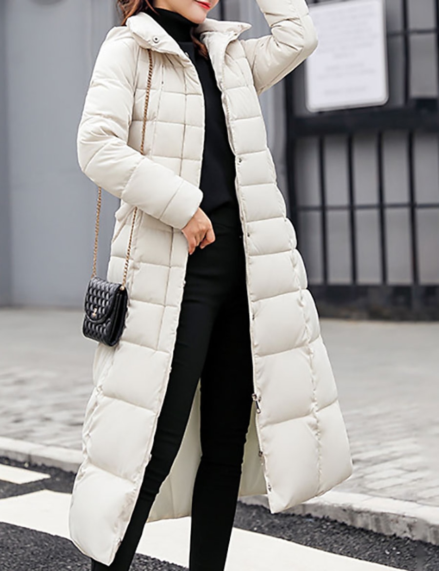  Women's Down Parka Fall Daily Outdoor Long Coat Windproof Warm Regular Fit Casual Streetwear Jacket Long Sleeve Quilted Fur Trim Solid Color White Black Gray