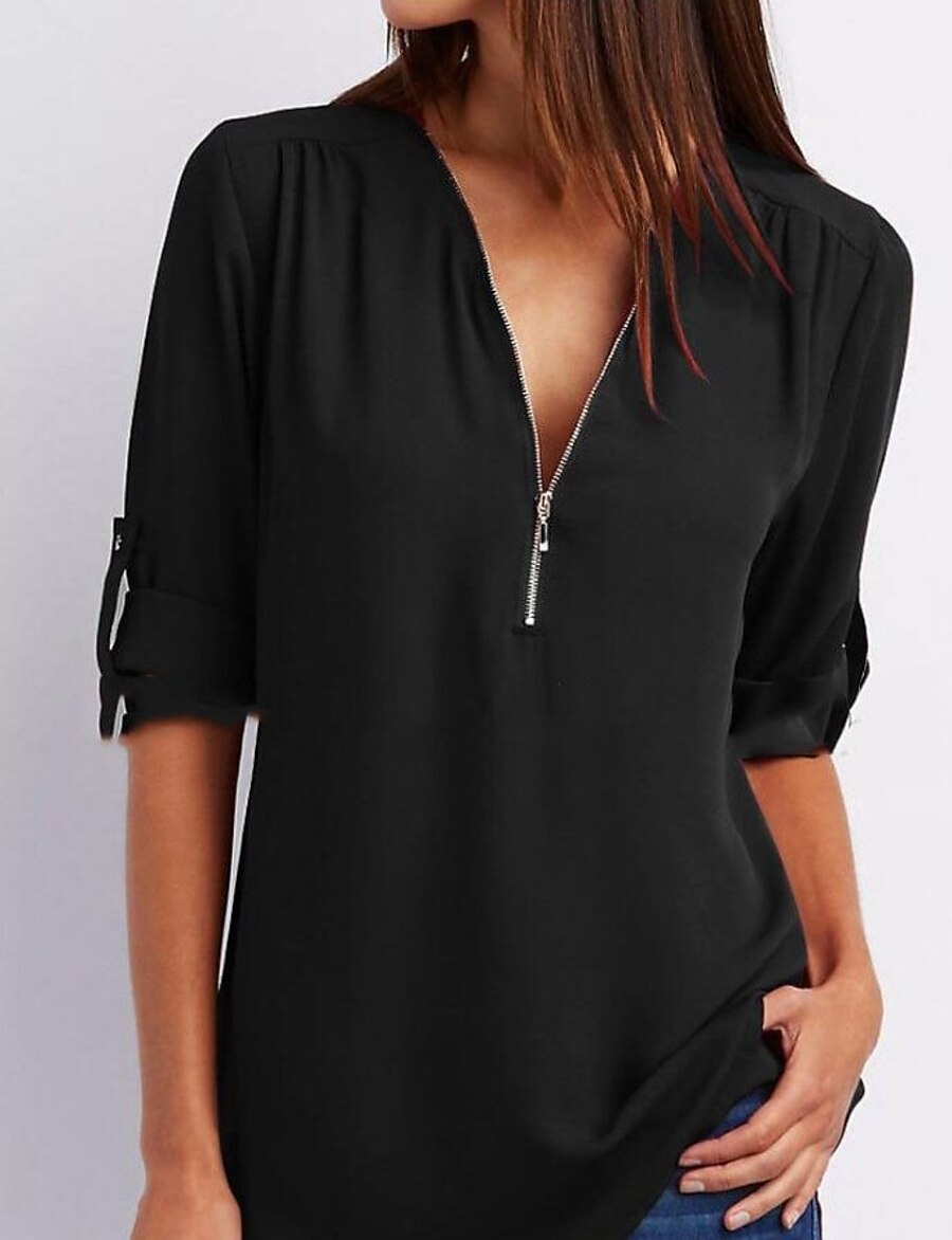  Women's Blouse Shirt Zipper Basic Daily Plain T-shirt Sleeve V Neck Summer Regular White Black Pink Grey Dark Blue