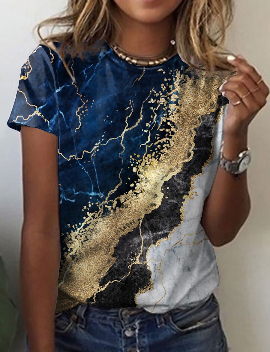  Women's T shirt Abstract Painting Graphic Geometric Round Neck Print Basic Tops Blue / 3D Print