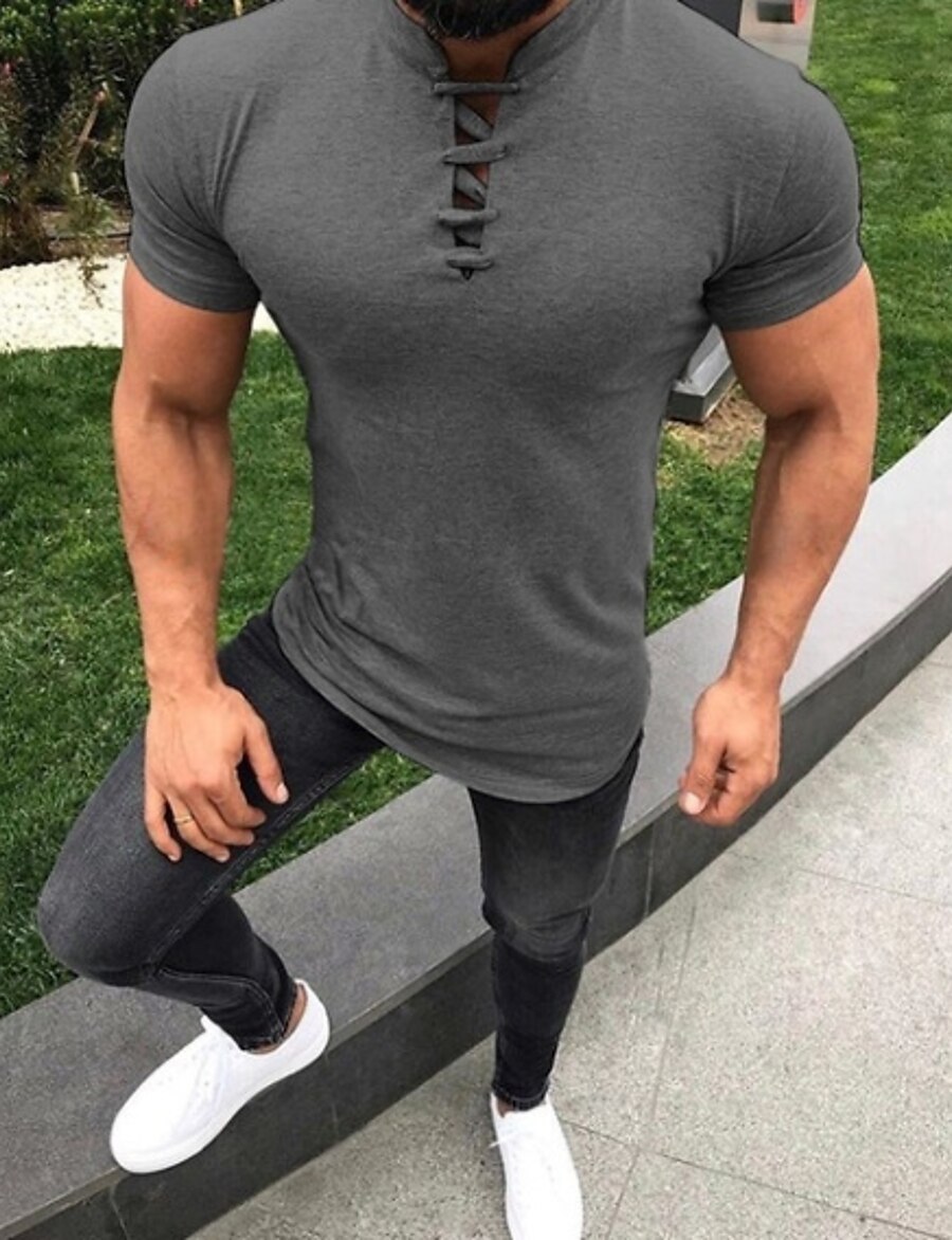  men's short-sleeved solid color st-up collar keyhole t-shirt hot style 701 multi-color multi-code