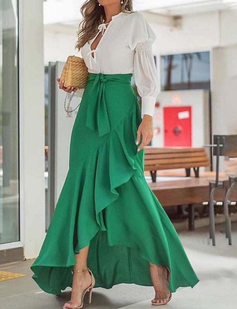  Women's Sexy Flamenco Trumpet / Mermaid Skirts Party Date Solid Colored Ruffle Green Black Wine S M L / Asymmetrical / Slim