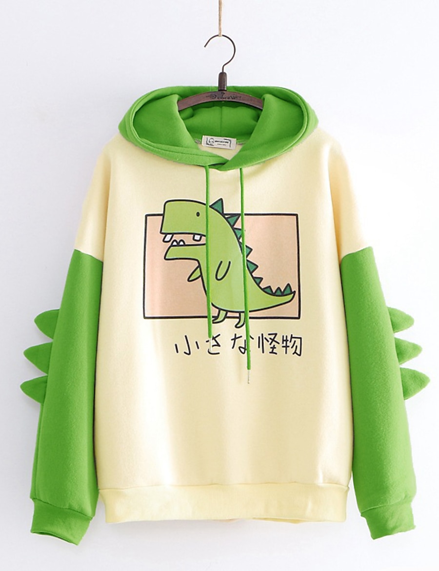  women's teen girls cute dinosaur long sleeve hoodies casual loose sweaters hooded sweatshirts pullover tops shirts green