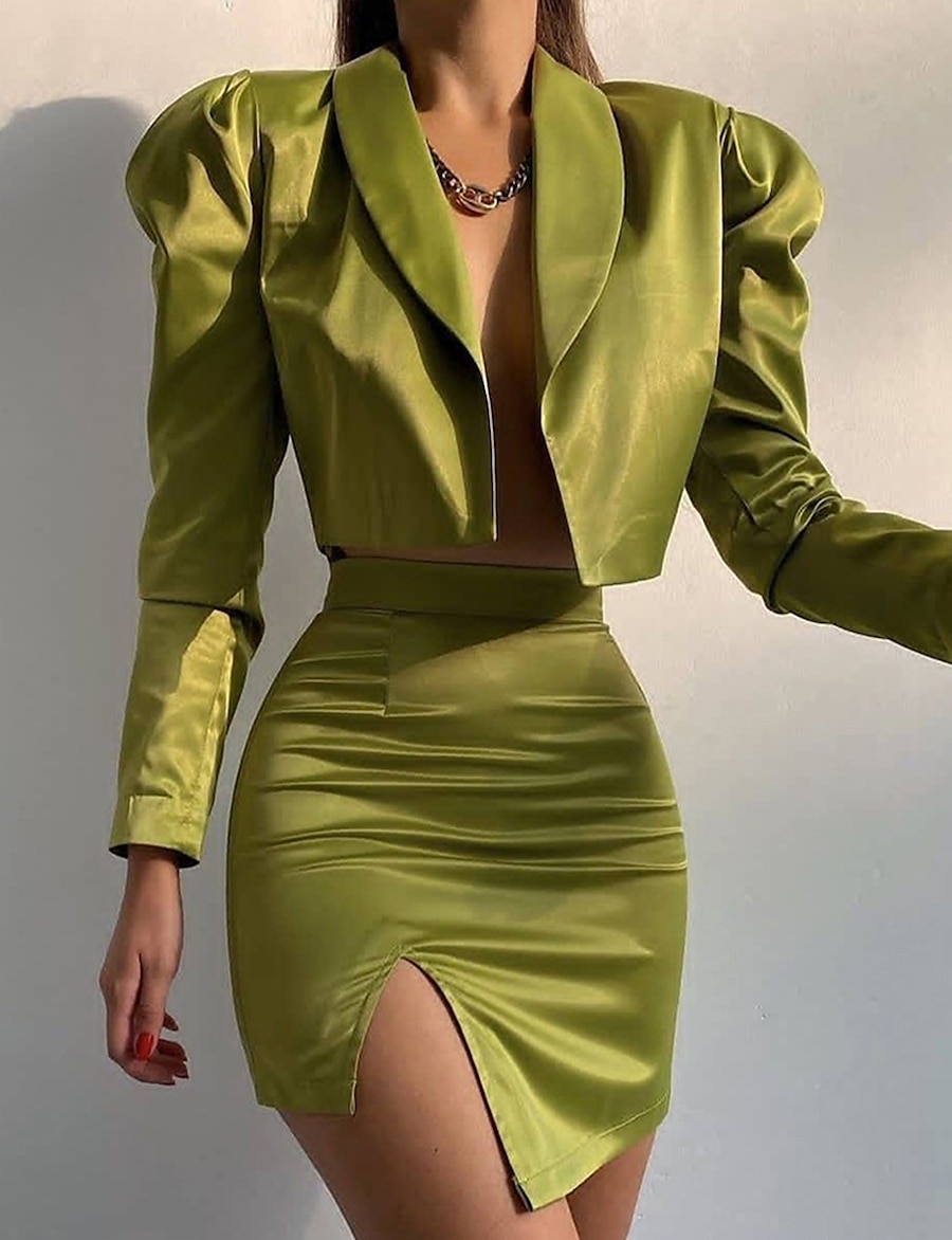  Women's Streetwear Plain Daily Wear Office Two Piece Set Shirt Collar Skirt Blazer Office Suit Skirt Sets Split Tops