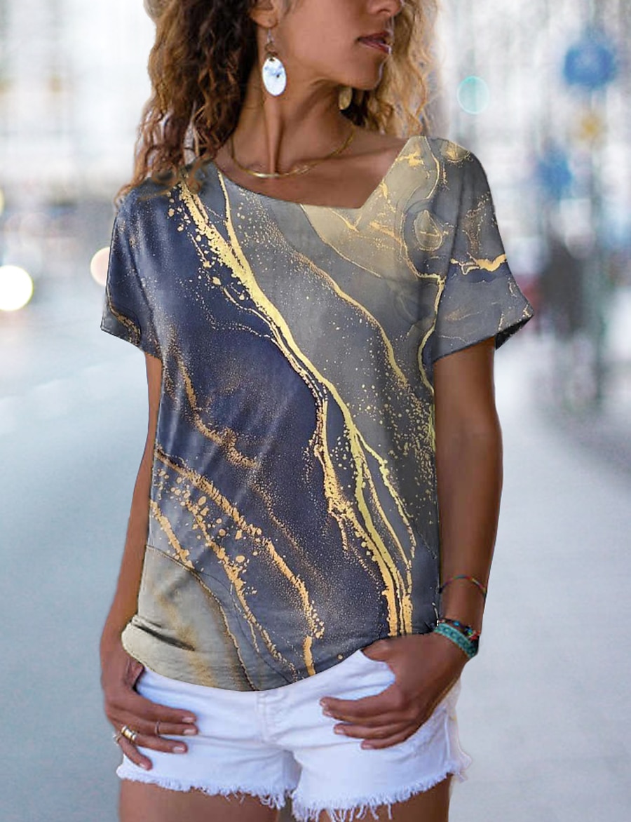  Women's T shirt Tee Abstract Painting Graphic V Neck 3D Print Print Basic Tops Yellow