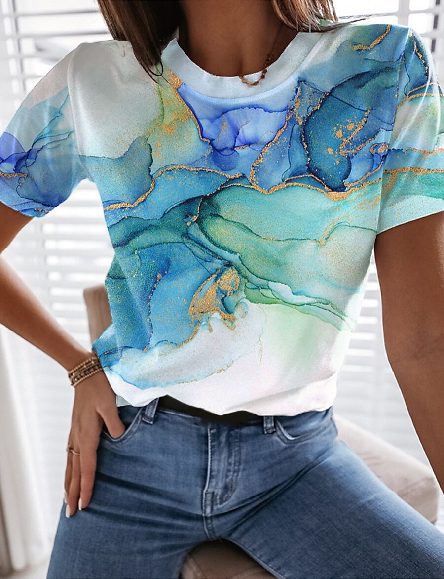  Women's T shirt Abstract Painting Graphic Round Neck Print Basic Tops Green Blue Pink / 3D Print