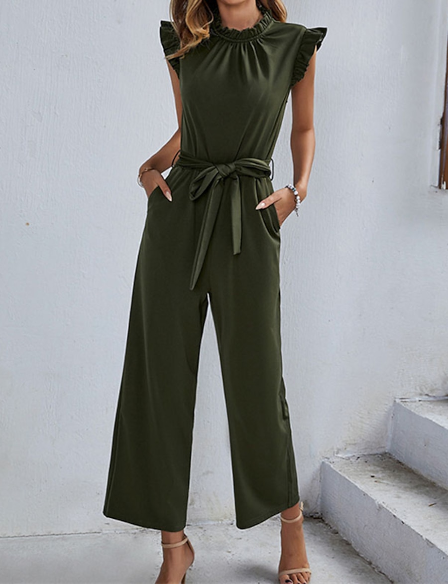  Women's Jumpsuit Solid Color Lace up Ruffle Elegant Turtleneck Party Going out Short Sleeve Regular Fit Black Pink Army Green S M L Spring