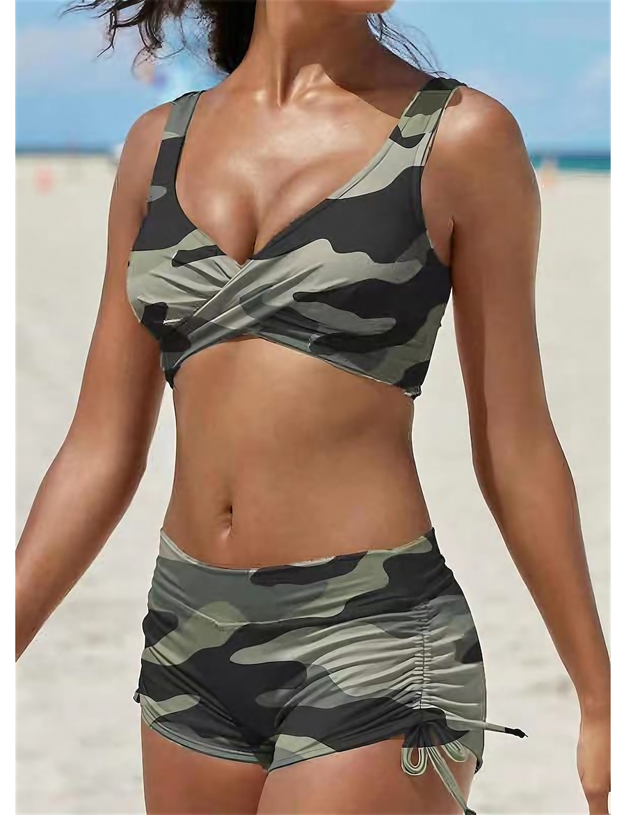  Women's Swimwear Bikini 2 Piece Plus Size Swimsuit Camo Camouflage 2 Piece Ruched Open Back Printing for Big Busts Black Blue Wine Army Green Orange V Wire Padded Bathing Suits Stylish Vacation New