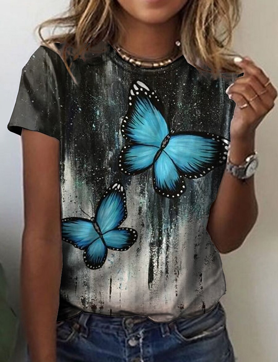  Women's T shirt Butterfly Painting Butterfly Tie Dye Round Neck Print Basic Tops Blue Pink Orange / 3D Print