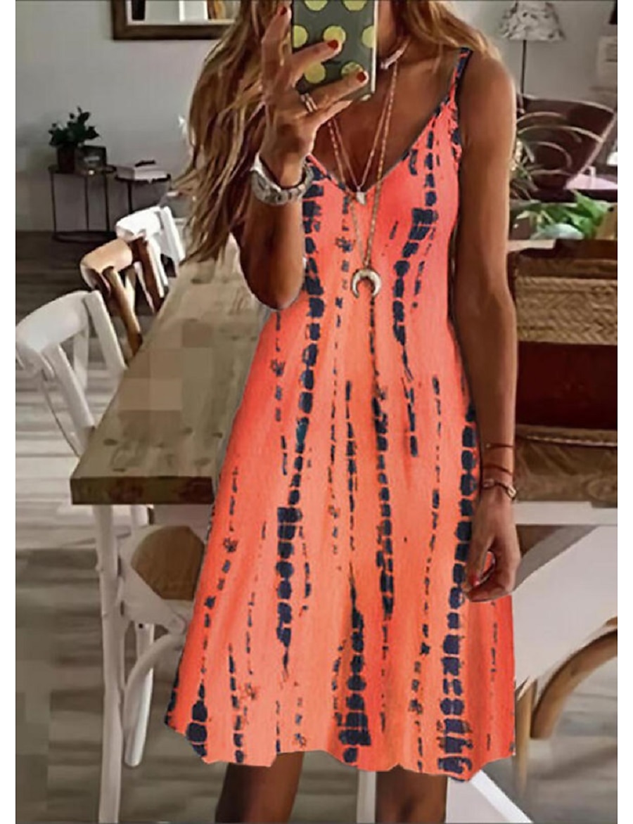  Women's Knee Length Dress Strap Dress Orange Sleeveless Print Striped Tie Dye V Neck Spring Summer Party Party Stylish Casual 2022 S M L XL XXL 3XL / 3D Print