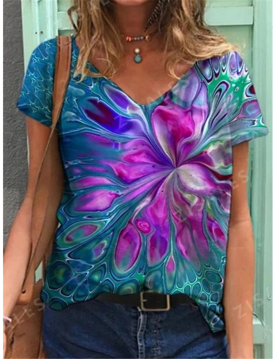  Women's T shirt Floral Theme Floral Graphic Flower V Neck Print Basic Tops Blue Purple Red / 3D Print