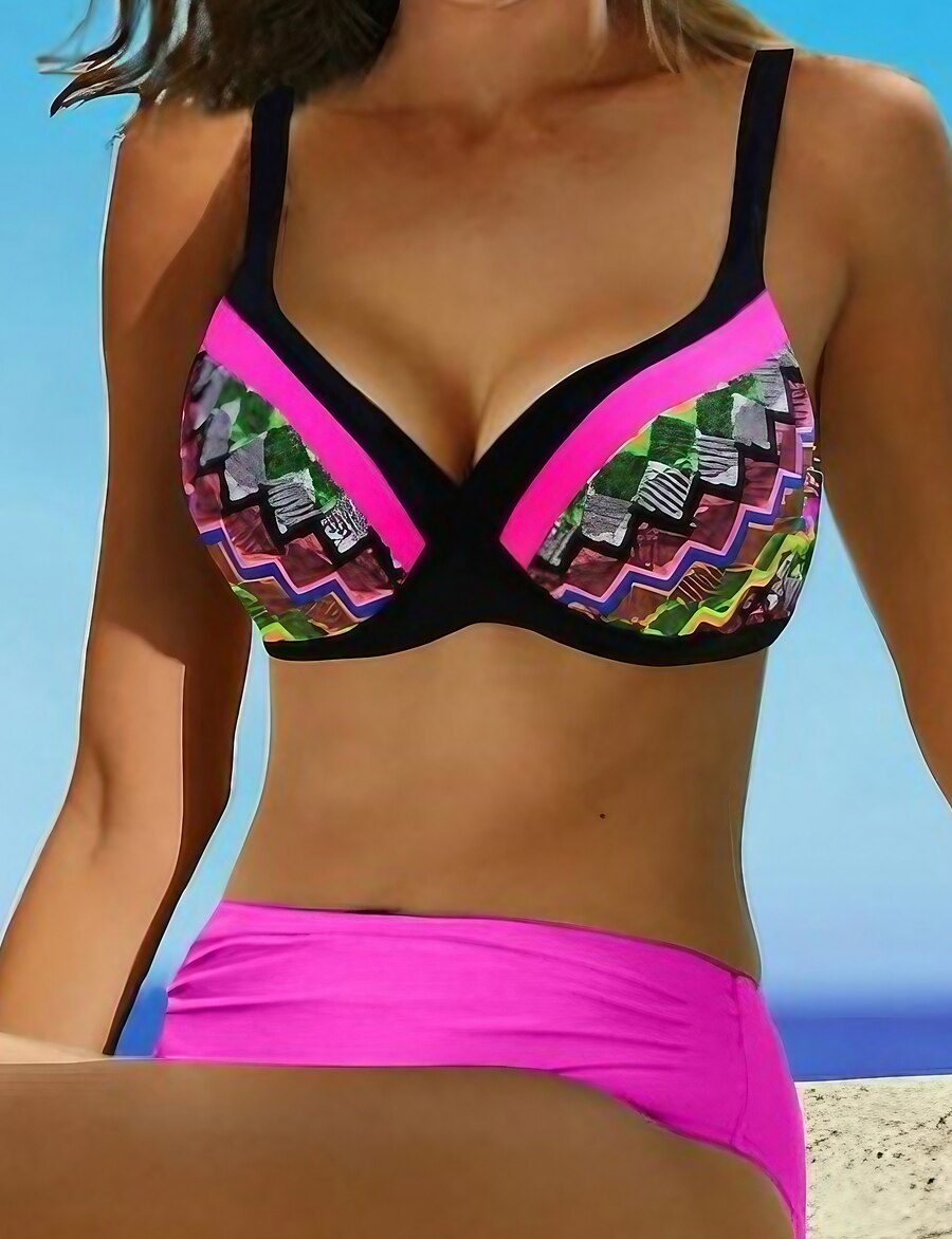  Women's Swimwear Bikini 2 Piece Plus Size Swimsuit Geometric Open Back Printing for Big Busts Fuchsia V Wire Bathing Suits Vacation Fashion Sexy / Modern / New / Padded Bras