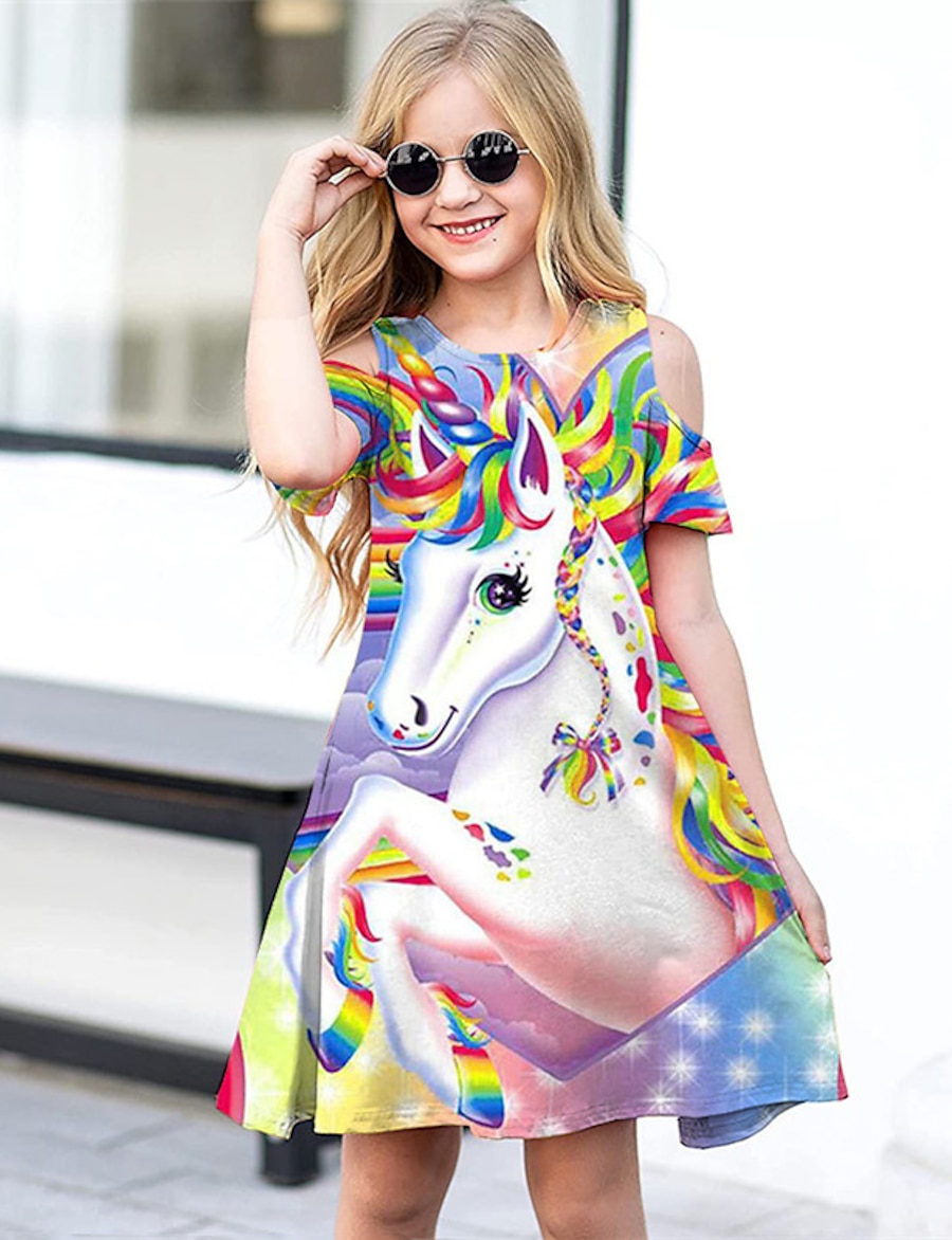  Kids Little Dress Girls' Unicorn Animal Daily Holiday Vacation A Line Dress Print Multicolor White Purple Above Knee Short Sleeve Casual Cute Sweet Dresses Spring Summer Regular Fit 3-12 Years