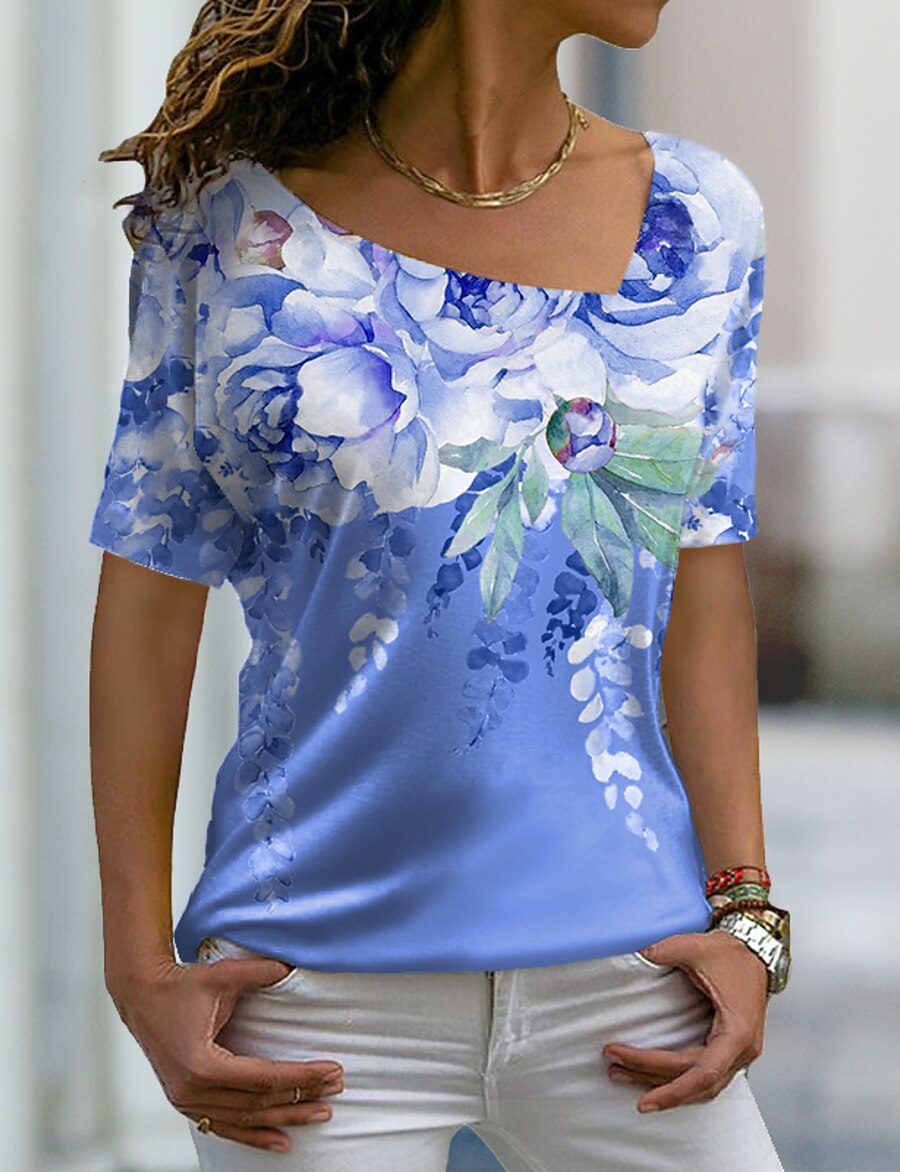  Women's T shirt Floral Theme Painting Floral V Neck Print Basic Tops Green Blue Purple / 3D Print