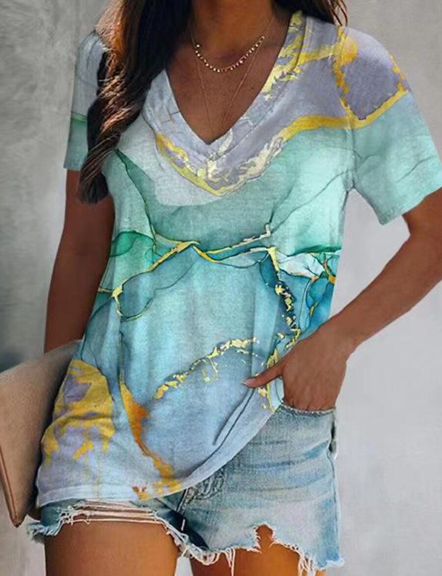  Women's T shirt Geometric Painting Striped Galaxy Graphic V Neck Patchwork Print Sexy Beach Tops Light Blue / 3D Print