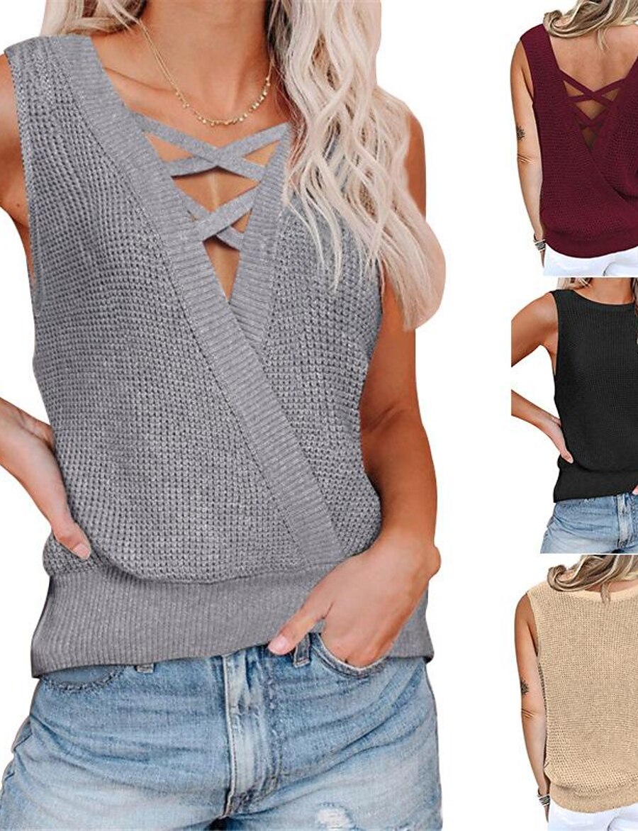  spring  summer new cross-border    women's clothing waffle deep v-neck backless sexy vest t-shirt top knitted sweater