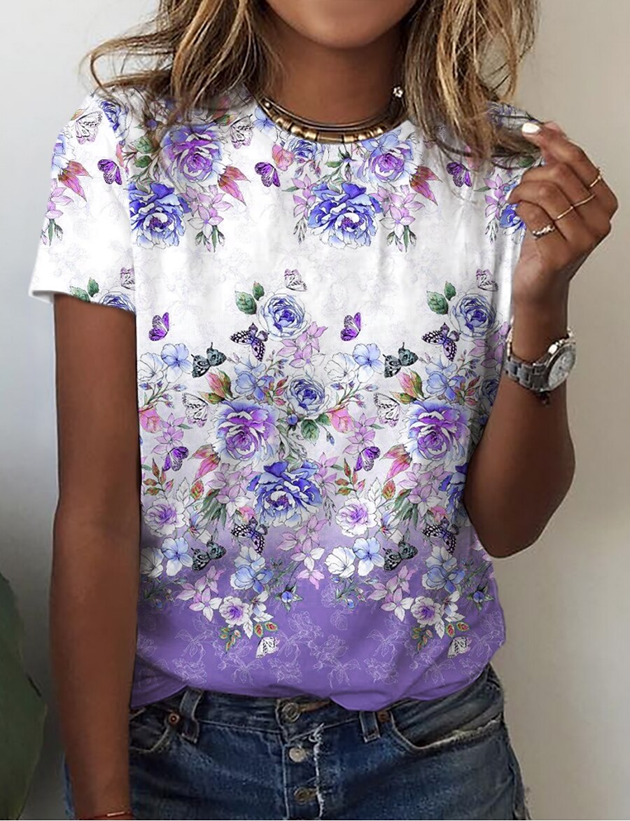  Women's Casual Holiday Weekend T shirt Tee Floral Painting Short Sleeve Floral Round Neck Print Basic Tops Green Blue Purple S / 3D Print