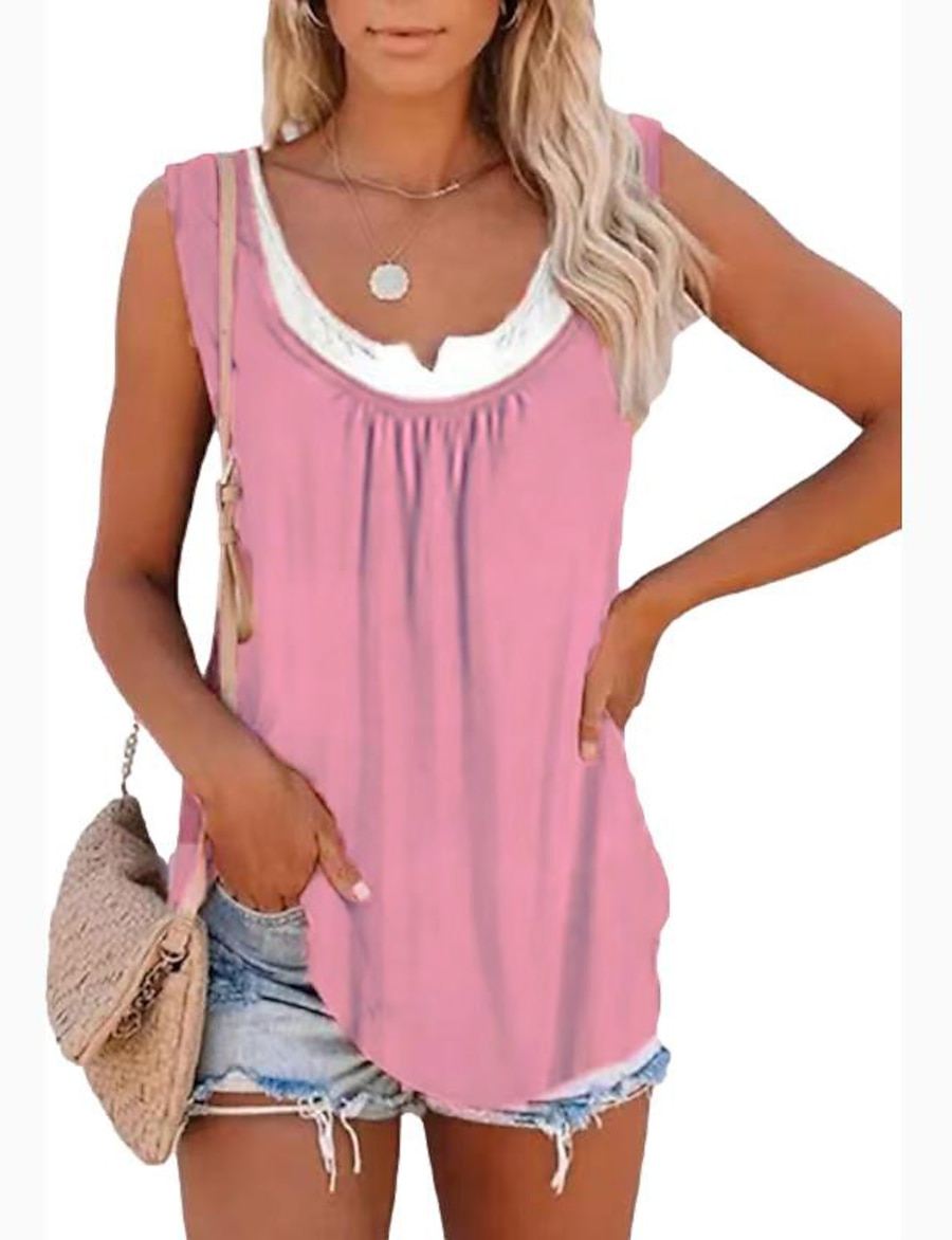  summer new     women's top solid color stitching sleeveless faux-two-piece pleated vest t-shirt
