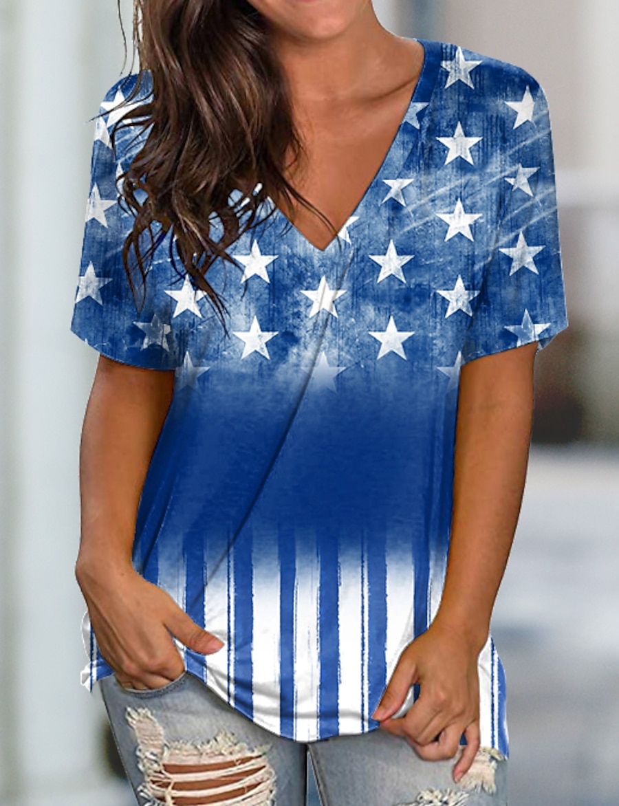 Women's Casual Weekend T shirt Tee Painting Short Sleeve Stars and Stripes V Neck Print Basic Tops Blue Red Navy Blue S / 3D Print