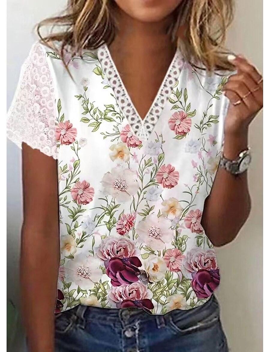  Women's Casual Holiday Weekend T shirt Tee Floral Painting Short Sleeve Floral V Neck Lace Print Basic Tops White S / 3D Print