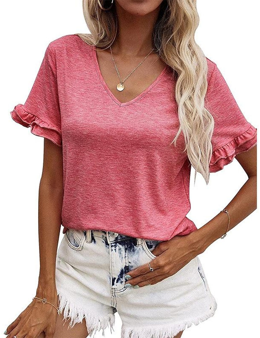  2022 cross-border european and american women's clothing amazon spring and summer new products solid color v-neck short-sleeved pullover loose casual t-shirt top