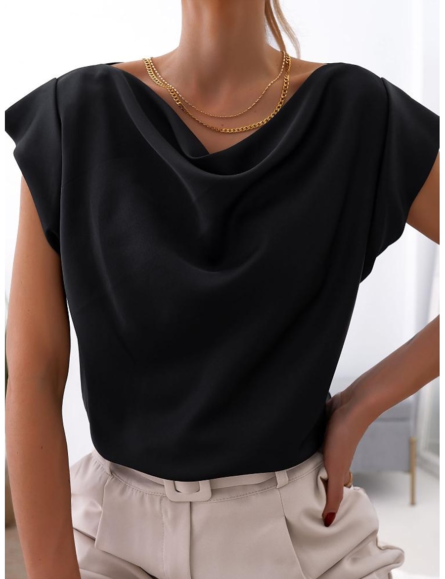  Women‘s Summer Solid Color Simple Short-Sleeved Swing Collar Ladies Shirt Top