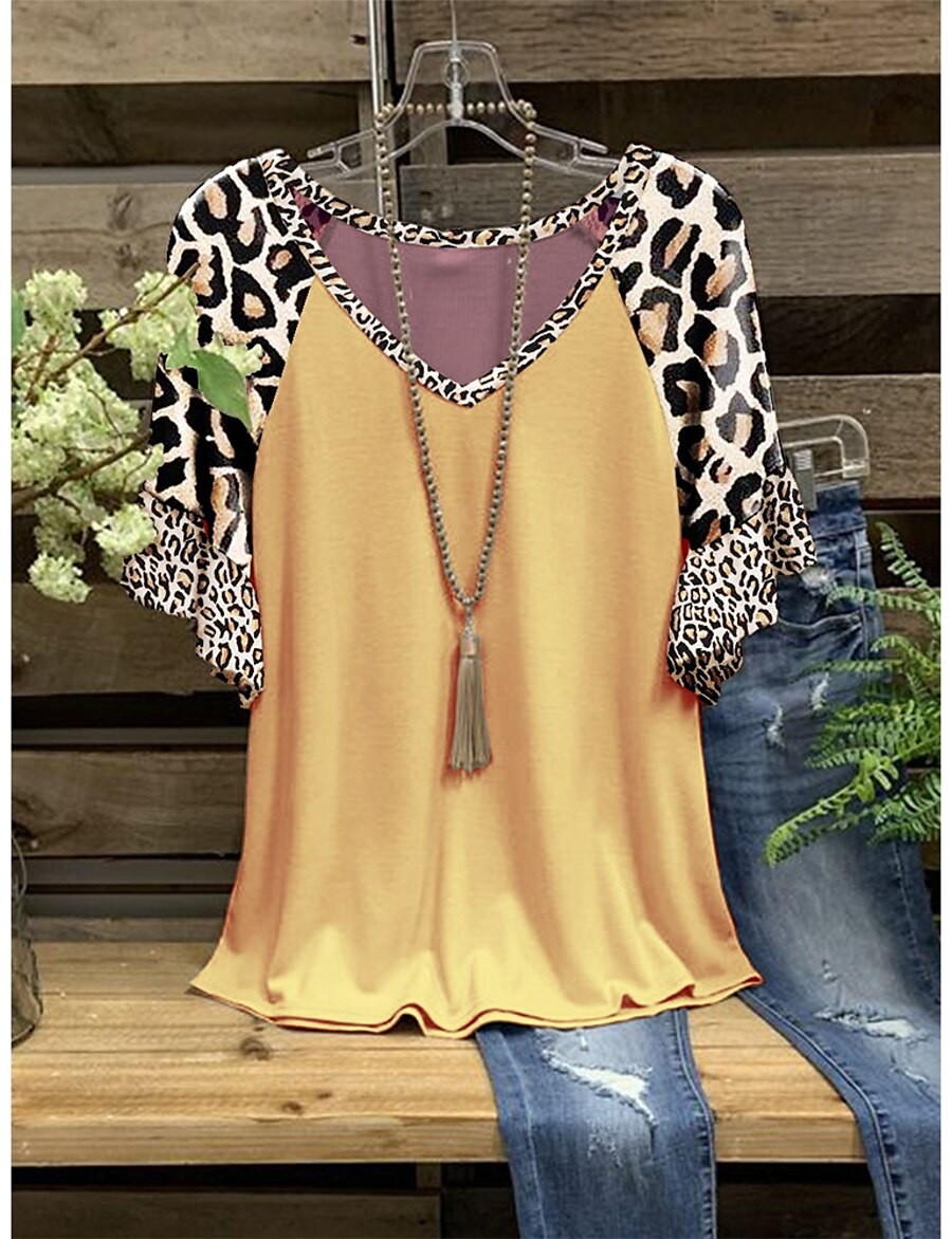  Women's Home Casual Daily T shirt Tee Short Sleeve Leopard V Neck Print Vintage Tops Yellow Light Brown Khaki S