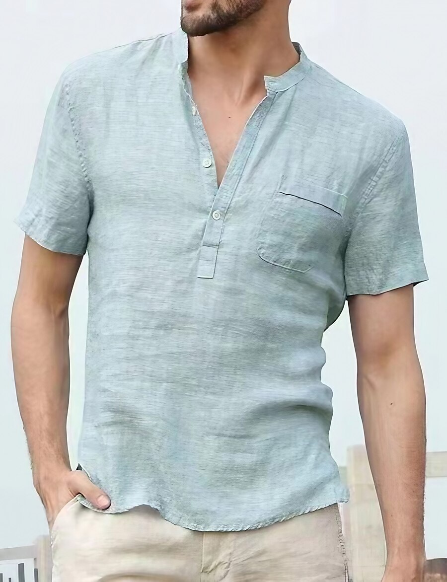  Men's Shirt Solid Color Pocket Collar Street Beach Short Sleeve Tops Cotton Lightweight Casual Daily Breathable Henley Light Blue Almond Green / Wet and Dry Cleaning