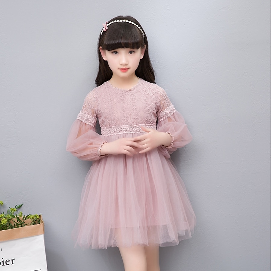  Kids Little Girls' Dress Jacquard Solid Colored Party Daily Embroidered Lace Blushing Pink White Cotton Long Sleeve Simple Basic Vintage Dresses Spring Summer Standard Fit