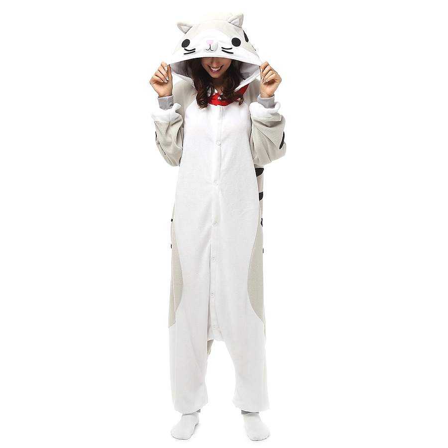  Adults' Kigurumi Pajamas Nightwear Camouflage Cat Onesie Pajamas Polar Fleece White+Gray Cosplay For Men and Women Animal Sleepwear Cartoon Festival / Holiday Costumes