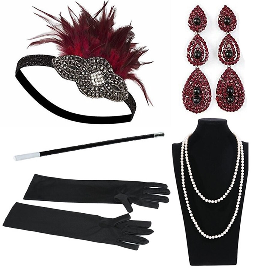  Il grande Gatsby Charleston Ruggenti anni '20 1920s Vintage Set di accessori per costumi Guanti Collane Fascia per capelli da ballerina charleston Per donna Piume Costume Cappelli Orecchino Collana