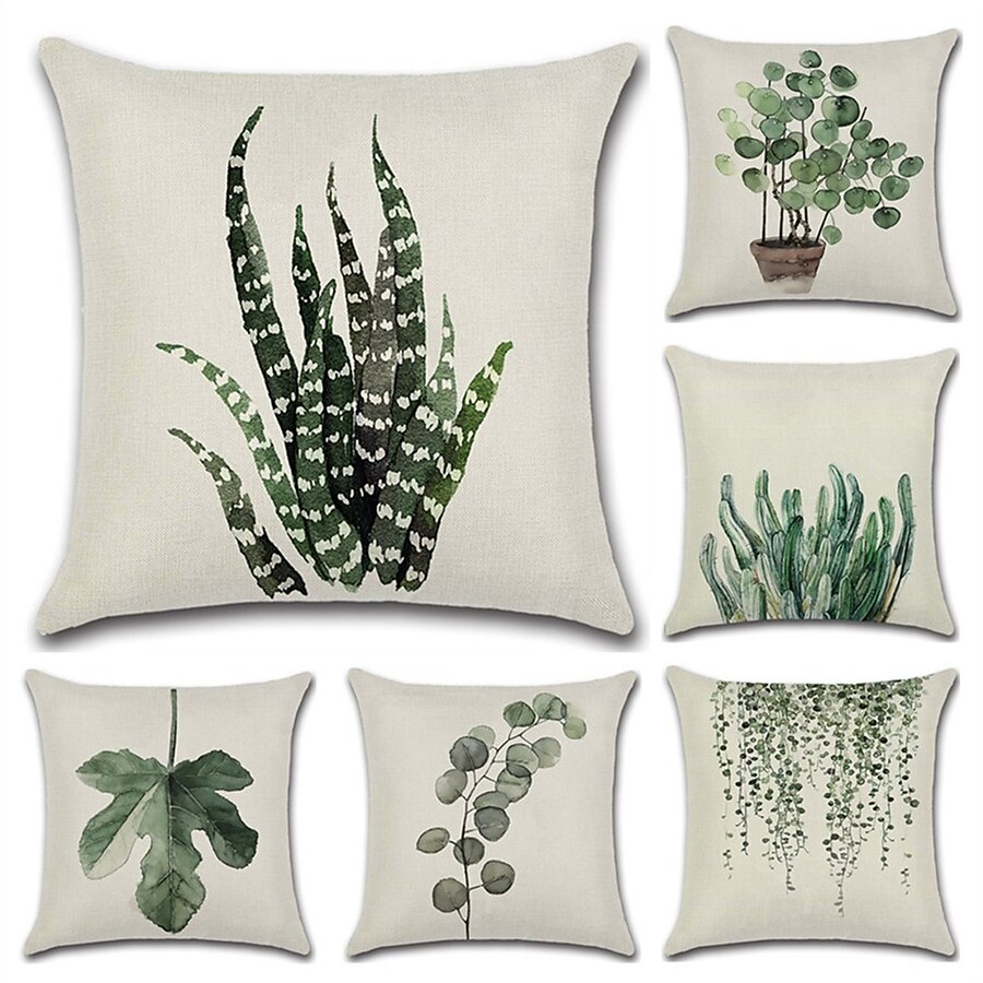  Set of 6 Cotton / Faux Linen Pillow Cover, Botanical Bohemian Style Retro Antique Rustic Throw Pillow Outdoor Cushion for Sofa Couch Bed Chair Green