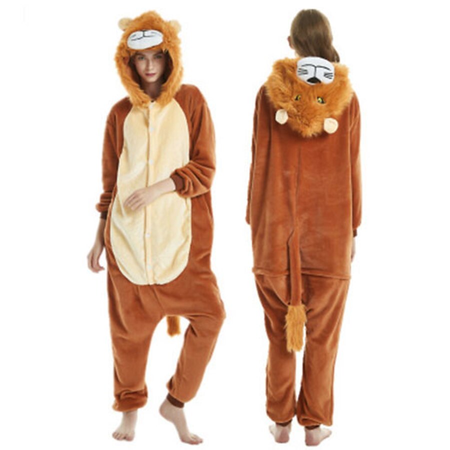  Adults' Kigurumi Pajamas Lion Onesie Pajamas Flannel Brown Cosplay For Men and Women Animal Sleepwear Cartoon Festival / Holiday Costumes